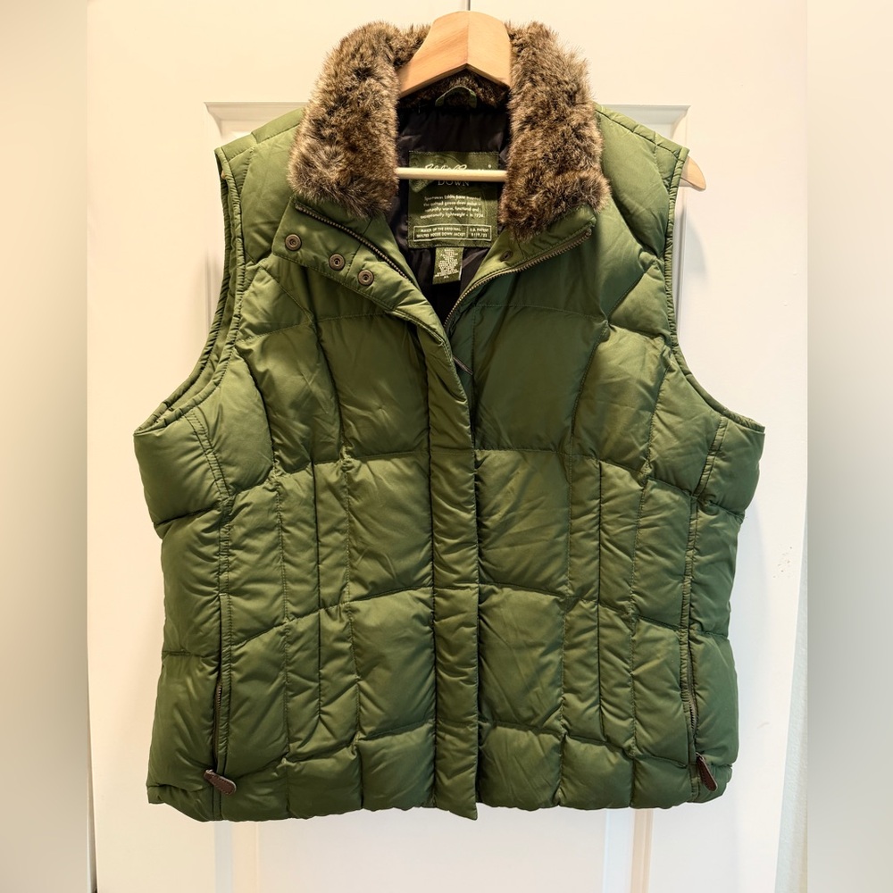 Eddie Bauer Olive Green Down Vest with Faux Fur Trim
